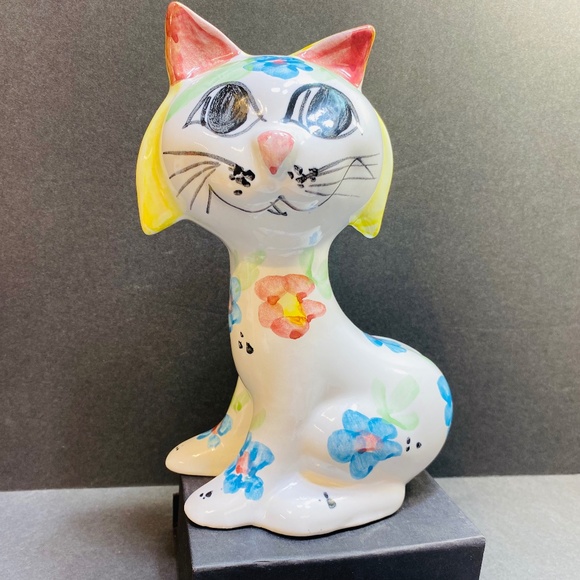 unbranded Other - Vtg Hand Painted Cat Kitty Blue Pink Yellow Floral Coin Bank EUC With Stopper